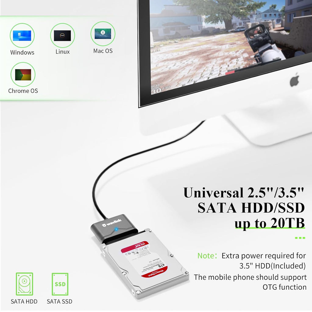 WAVLINK SATA to USB Type-A Hard Drive Cable, 5Gbps USB3.0 to Sata Cable Support UASP, External Hard Drive SATAI/II/III Connector 2.5" SSD/HDD and 3.5" HDD up to 20TB, Power Adapter Included - Image 4