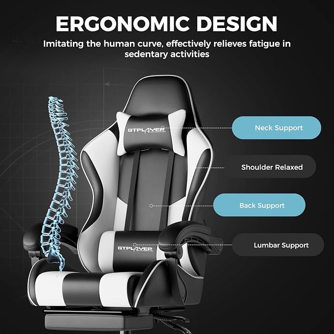 GTPLAYER Gaming Chair, Computer Chair with Footrest and Lumbar Support, Height Adjustable Game Chair with 360°-Swivel Seat and Headrest and for Office or Gaming (White) - Image 7