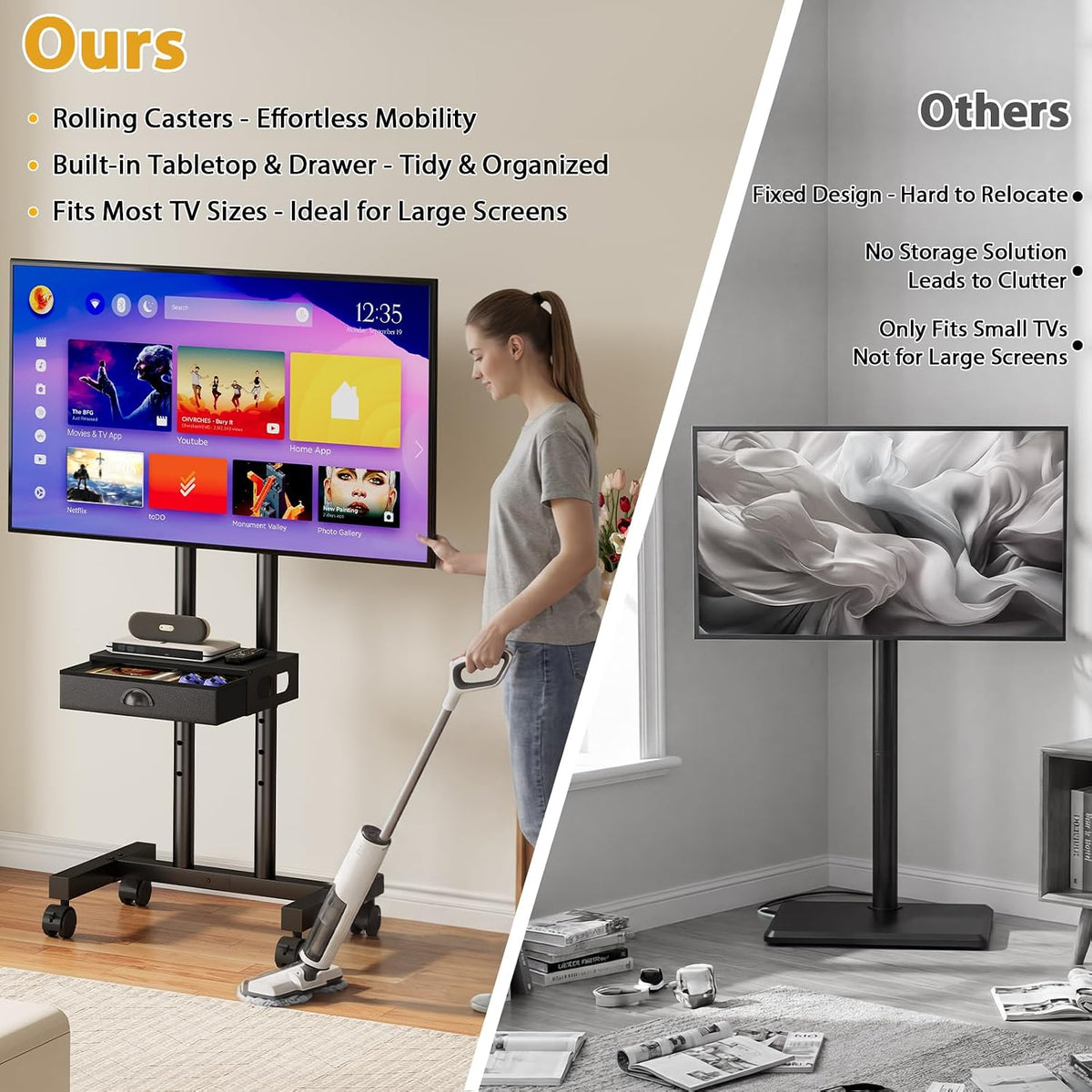 Rolling TV Stand with Drawer for 32-75 Inch TVs, Adjustable Storage Shelf - Image 3