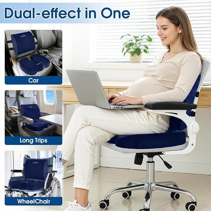 CloudBliss Ergonomic Seat Cushion & Lumbar Support Pillow Set, Blue, XL | Back Pain & Sciatica Relief, Memory Foam Support, Adjustable Straps, Machine Washable Velvet, Perfect for Office, Car, Gaming - Image 7