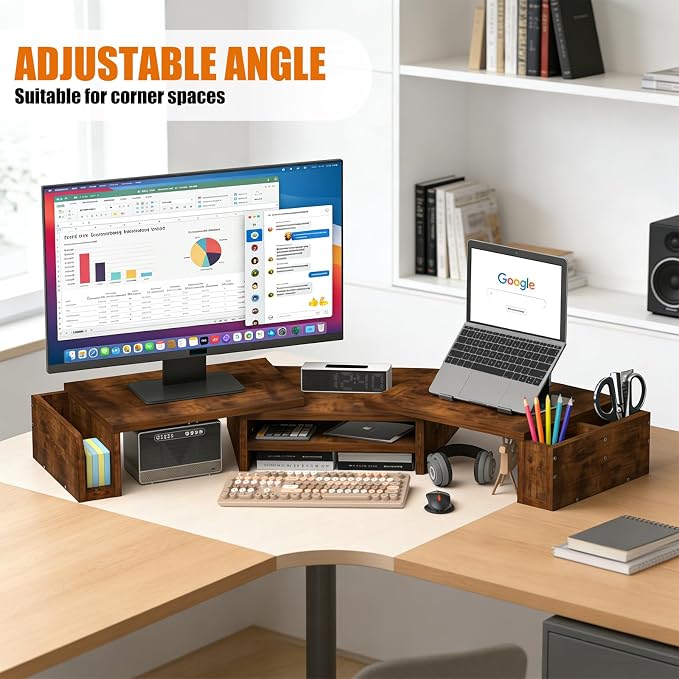 Wood Dual Monitor Stand Riser, Desk Organizers and Accessories with Storage Pen Holders, Adjustable Length and Angle 3 Shelf Extra Long 46" Desktop Organizer for 2 Monitors, Computer, Laptop, TV,Rustic Brown (Triple) - Image 3