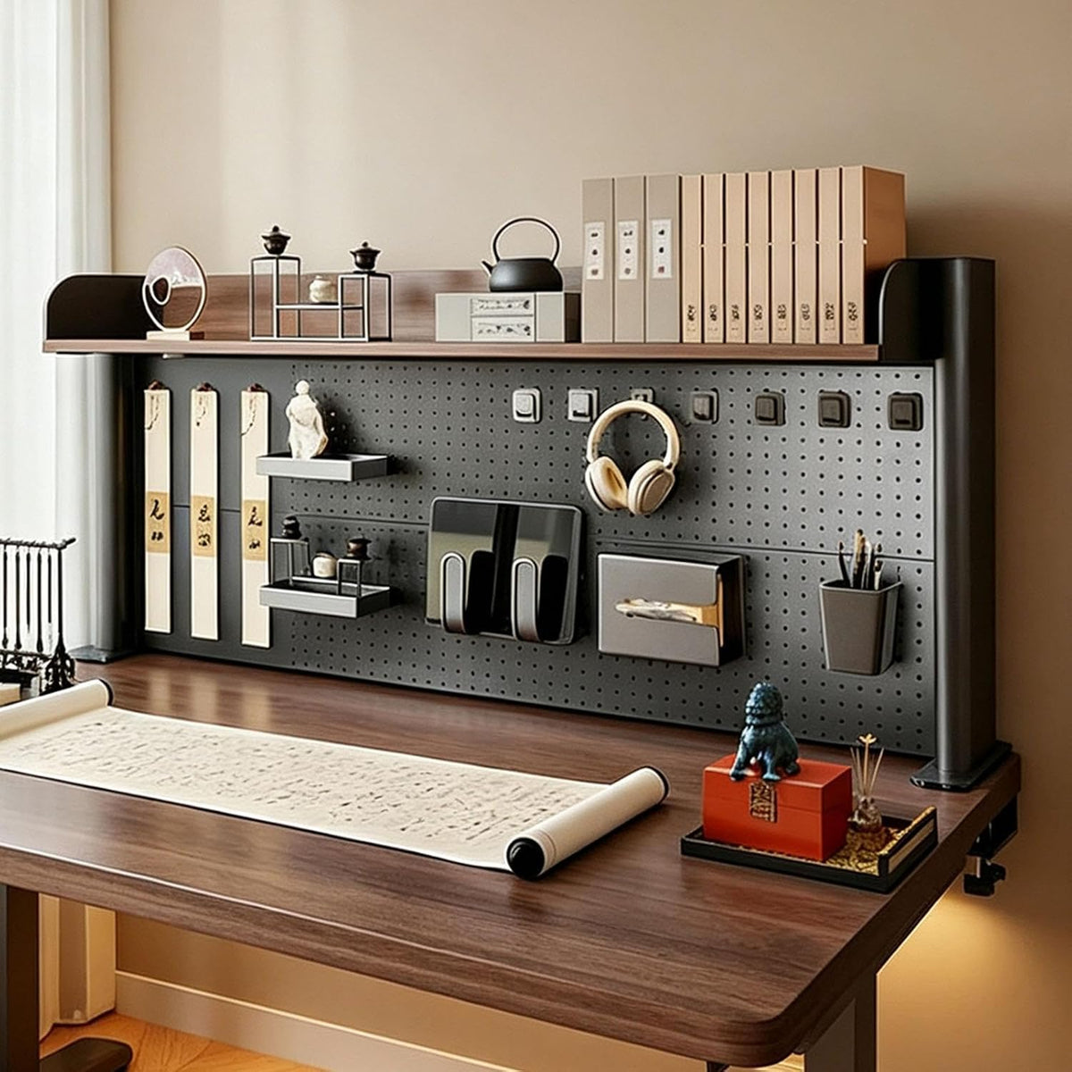 Clamp-On Desk Bookshelf with Large Pegboard, Adjustable Metal Desk Hutch by TRCBADOWKC