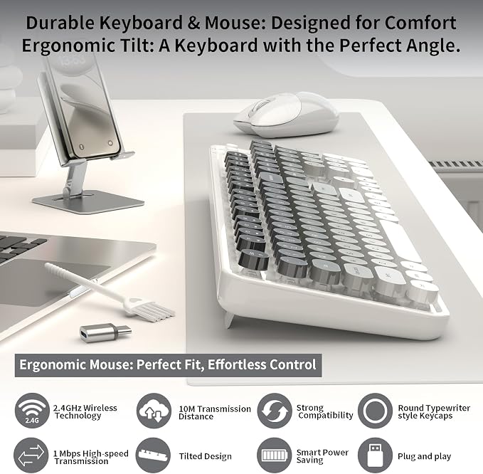 Creamy Wireless Keyboard and Mouse, MOFII 104 Round Keycaps Retro Typewriter with OTG & Brush, Full-Size Ergonomic, Ideal for Windows PC, Home, Office and College Gray White - Image 2