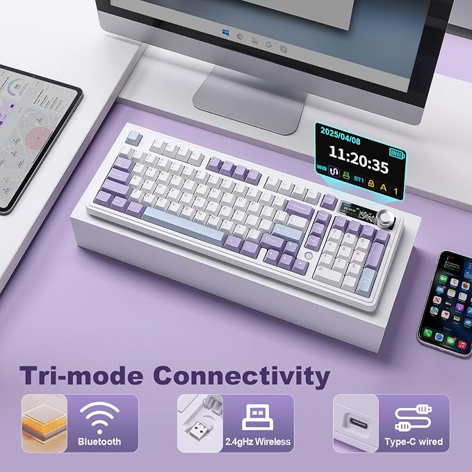 AJAZZ AK980 Mechanical Keyboard, Creamy & Thocky with Smart Display & Knob, 98% Wireless Tri-Mode BT/2.4G/USB-C, Hot Swappable, RGB Light for Win & Mac (Purple, Murad Switch) - Image 3