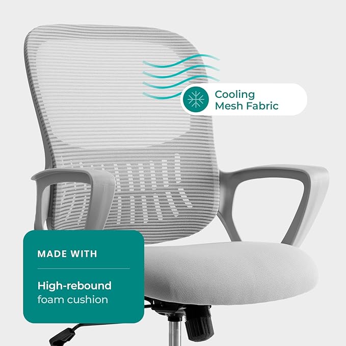 OLIXIS Home Office Chair, Mesh Desk Chair, Ergonomic Lumbar Support | Mid Back Computer Ergonomic, Height Adjustable Swivel Task, Large Seat Armrest, Adults, Grey - Image 6