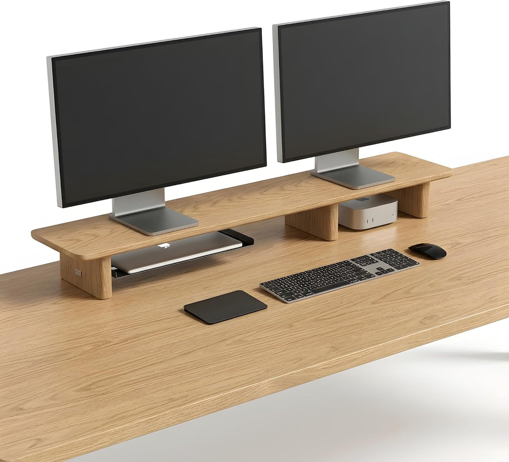 White Oak Dual Monitor Stand Riser - 43.3" Wooden Monitor Stand for 2 Monitors, Minimalist Desk Shelf Organizer for iMac, Laptop & Ultrawide Displays - Image 4