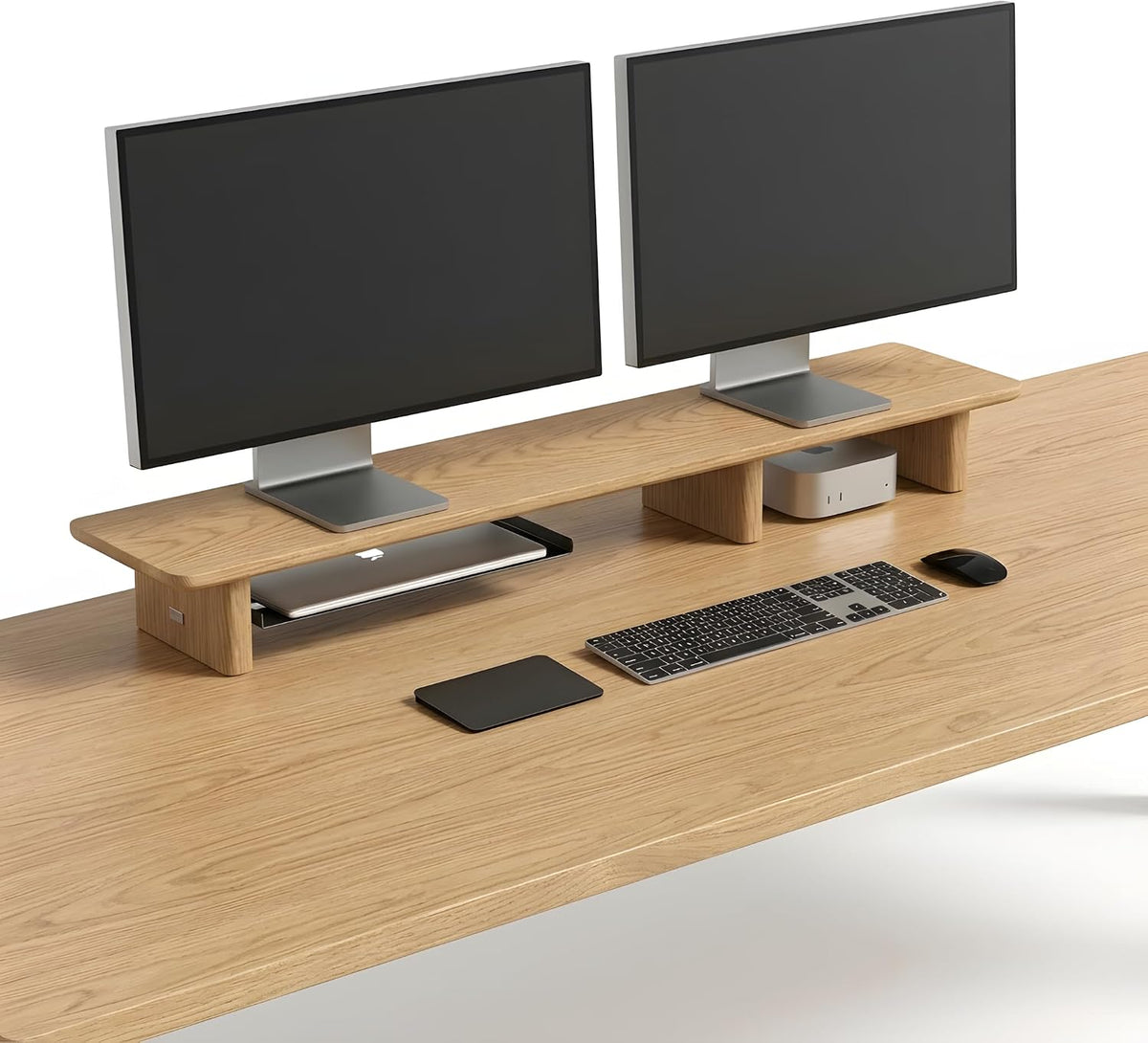 White Oak Dual Monitor Stand Riser - 43.3" Wooden Monitor Stand for 2 Monitors, Minimalist Desk Shelf Organizer for iMac, Laptop & Ultrawide Displays - Image 4