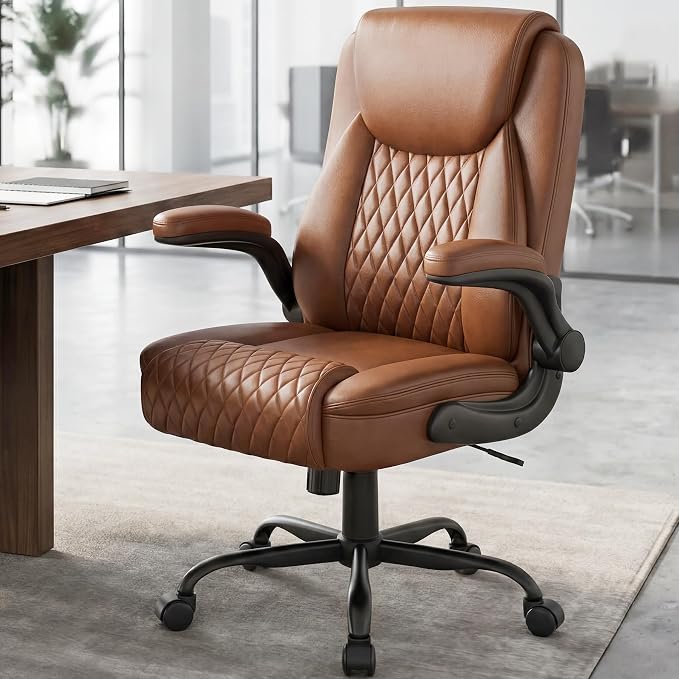 GTPOFFICE Executive Office Chair with Comfortable Lumbar Support, Ergonomic Gaming Chair with Flip-up Armrests & Zoned Pressure-Relief Cushion, Comfy PU Leather Desk Chair, Brown - Image 2