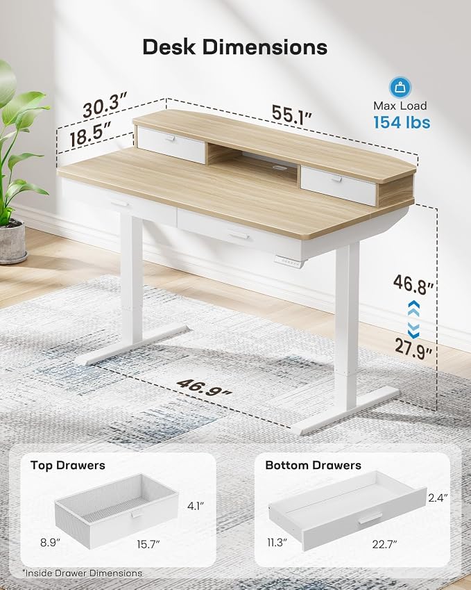 HUANUO 55 x 30 inch Electric Standing Desk with 2 Wood Drawers, Adjustable Height Sit Stand Desk for Home Office, Ergonomic Stand up Desk with 4 Memory Presets, 176 lbs Capacity, Natural Top - Image 3