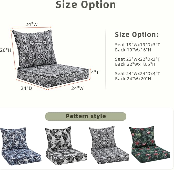Favoyard Outdoor Deep Seat Patio Cushions Set, 24" x 24", Rainproof, Garden | Fade Resistant, Removable Bottom & Back Cushion, Tie Straps for Patio Furniture, Rocking Chair, Sofa Couch, Gray Floral - Image 2