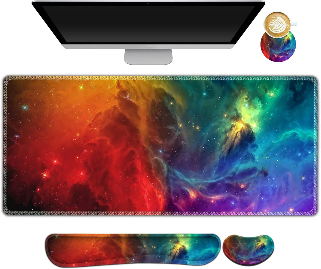 Extended Gaming Mouse Pad Set, Keyboard Wrist Rest Support Pad + Wrist Cushion + XXL Large Mouse Pad + Coaster, Stitched Edge, Non-Slip, Memory Foam Desk Mat, Color Nebula Galaxy by ARTSO