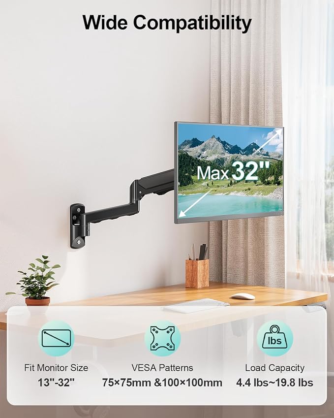 MOUNT PRO Monitor Wall Mount for 13 to 32 Inch Screens, Holds up to 19.8lbs | Single Monitor Mount with Tilt/Swivel/Rotation Adjustable, Gas Spring Wall Arm VESA Mount 75x75mm/100x100mm - Image 2