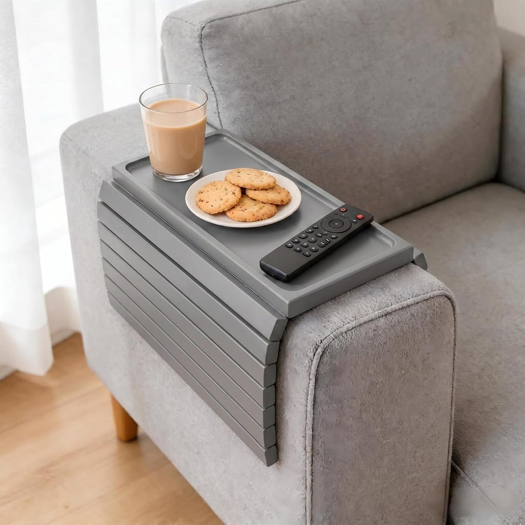 Grey Bamboo Wood Couch Armrest Table, Couch Arm Tray, Foldable Anti-Slip Bamboo Couch Tray, Sofa Cup Holder for Drink Snacks Remote Control - Image 7