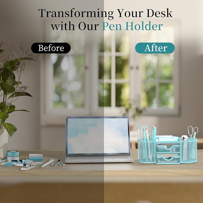 Mesh Desk Organizer, Pen Holder for Desk with 2 Drawers, Blue | Desk Organizers and Accessories with 8 Compartments and 2 Drawers, Pencil Holder for Desk for Small Office Supplies - Image 7