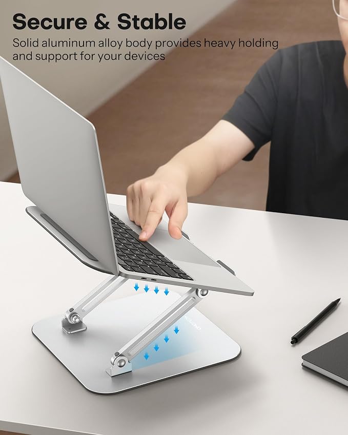 OMOTON Laptop Stand, Adjustable Metal Foldable Riser 10-17.2", Silver | Ergonomic Cooling Laptop Holder, Height Adjustable to 270mm for Sit-Stand, Portable Travel - Image 8