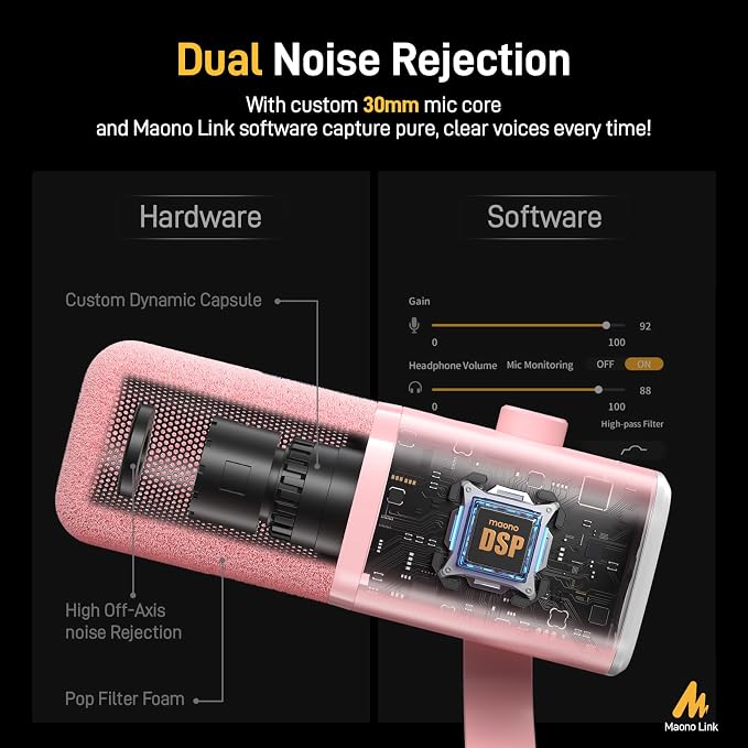 MAONO XLR/USB Gaming Microphone for PC, Dynamic Computer Mic for Streaming Podcasting, Noise Reduction, Mute, Volume Control, RGB Boom Mic for Vocal Recording,Voice-Over, PD100XS Pink - Image 4
