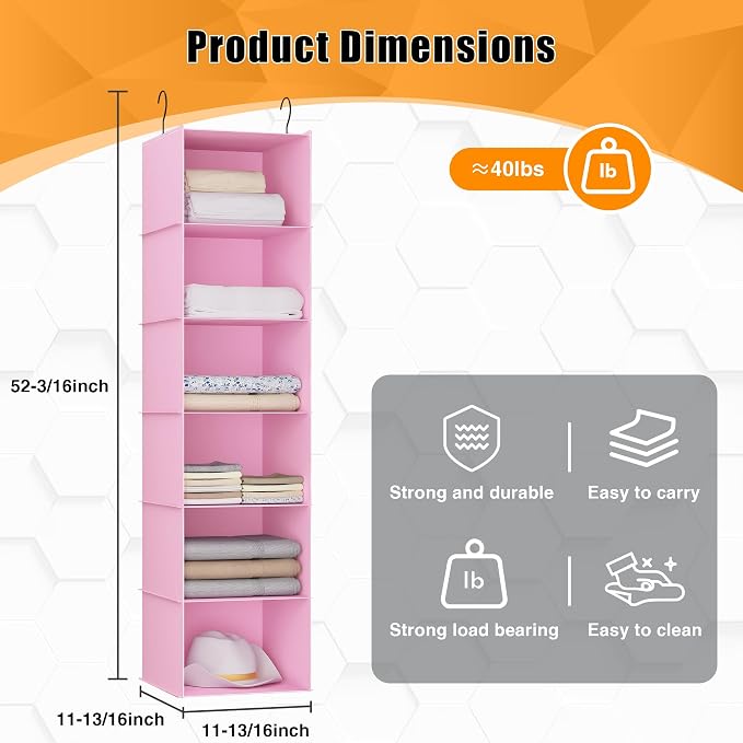 Hanging Closet Organizer 6-Shelf, Oxford Fabric Wardrobe Storage, Pink | Easy-mount foldable design holds clothes, handbags, shoes & accessories; washable Oxford fabric, sturdy and space-saving. - Image 3