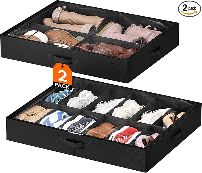 Lifewit Under Bed Shoe Storage Organizer 1 Pack(12 Shoes Cells+4 Boots Cells), 4.3 Inches Profile Fabric Shoes Container Box with Clear Cover, Foldable Storage Bag with 2 Handles, Fits 10 to 16 Pairs by Lifewit