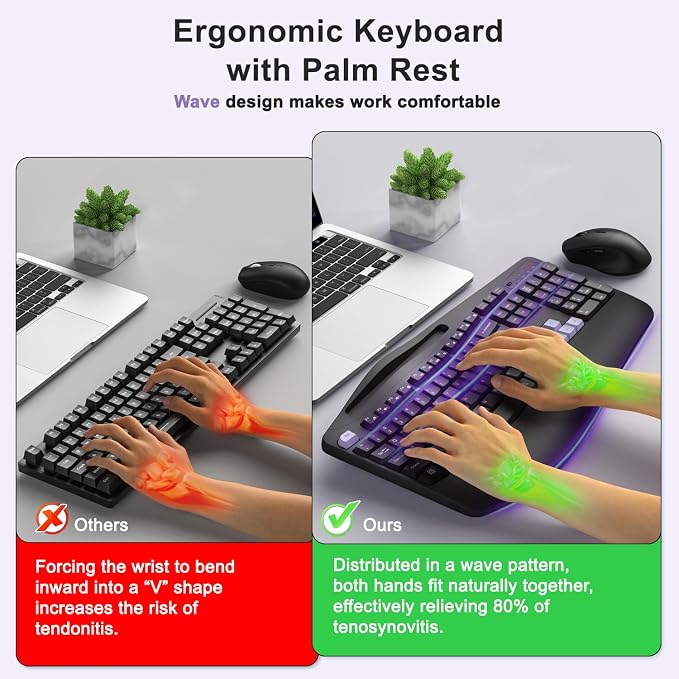 Wireless Keyboard and Mouse Combo, Full Size Ergonomic Wave Keys(Purple-B) | 2.4G Ergonomic Keyboard with Wrist Rest, Phone Holder, 3-Level DPI Silent Mouse with 6-Buttons, for Windows/Mac OS/Laptop/PC - Image 2