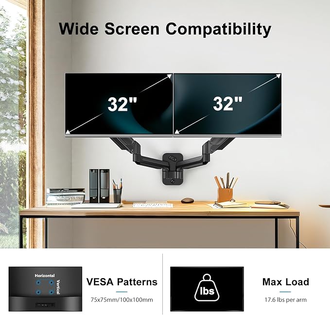 HUANUO Gaming Dual Monitor Wall Mount for 17-32 Inch Computer Screen Mount (4.4-17.6lbs Per Arm) - VESA 75x75/100x100 Height Adjustable Stand for Dual Monitors - Home Office Desk Setup - Image 2