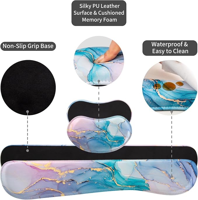 QIYI PU Leather Desk Mat Set, 4-in-1 Ergonomic Wrist Rest, Blue Pink Fluid | Waterproof Large Mouse Pad 31.5×15.7 + Keyboard Wrist Rest + Mouse Wrist Support+Coaster, Non-Slip Office Gaming Accessories - Image 6