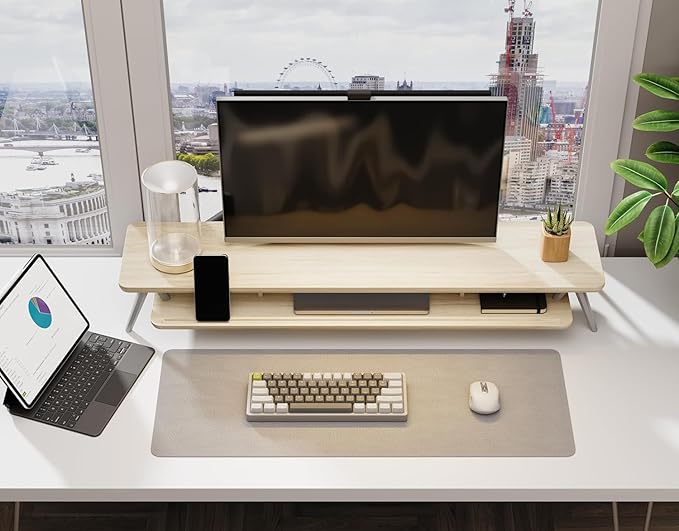 Fenge Dual Monitor Stand Riser, Wooden Desk Shelf with 2-Tier Storage | 42.5-Inch Wide, Sturdy Aluminum Legs, Built-In Phone & Tablet Slot, Desktop Organizer for Office Accessories - Image 6