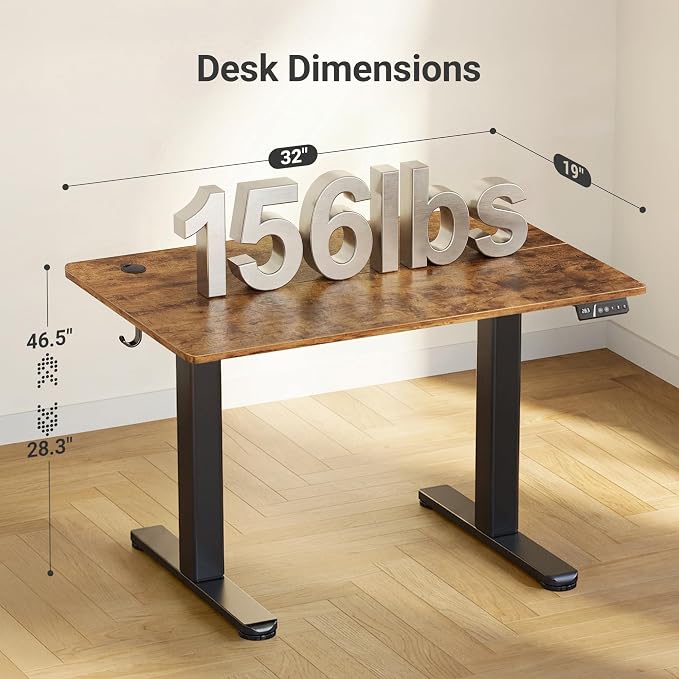 Claiks Electric Height Adjustable Standing Desk, 32x19 Inch, Rustic Brown | Smooth Height Adjustment, 3 Memory Presets, Cable management hub & hook, Stable Steel Frame, 156 lbs Capacity, Easy Assembly - Image 3