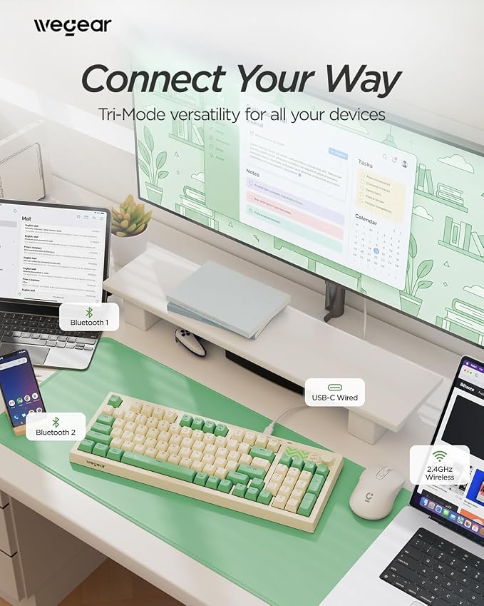 wegear Pastel Wireless Keyboard, Computer Gaming Keyboard -Green | with Media Knob, Tri-Mode Bluetooth/2.4GHz/USB-C Wired, Backlit, 94 Keys, Cute Creamy Keyboard for PC, Mac - Image 2