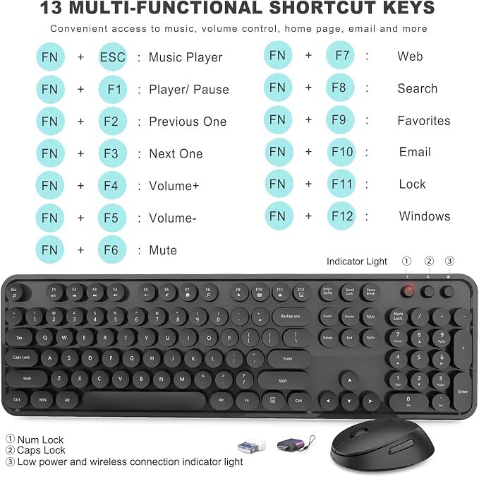 Wireless Keyboard and Mouse Combo, Ergonomic Full Size Typewriter Retro Round Keycaps Keyboard, Compatible with Windows, PC, Perfer for Home and Office Keyboards (Black - Image 4