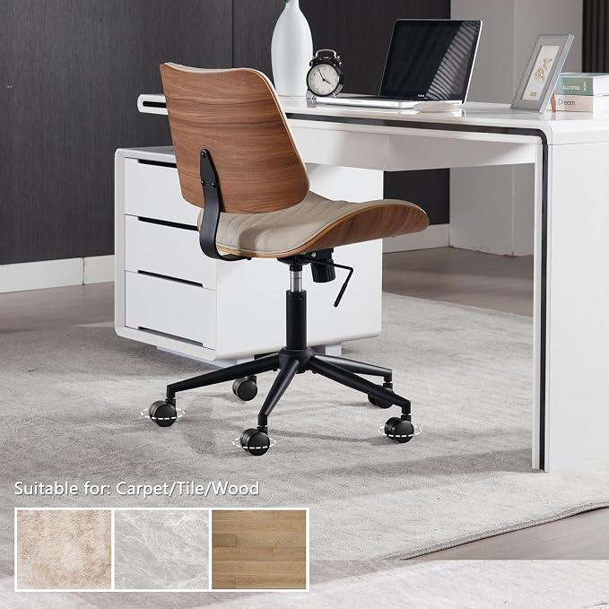 Home Office Chair No Arms with Wheels, Adjustable Height Small Desk Chair, PU Leather Mid Back 360 Swivel Computer Chair, Armless Modern Walnut Chair for Office, Reading Meeting Room(Beige) | Adjustable Height Small Desk Chair, PU Leather Mid Back 360 ... - Image 8