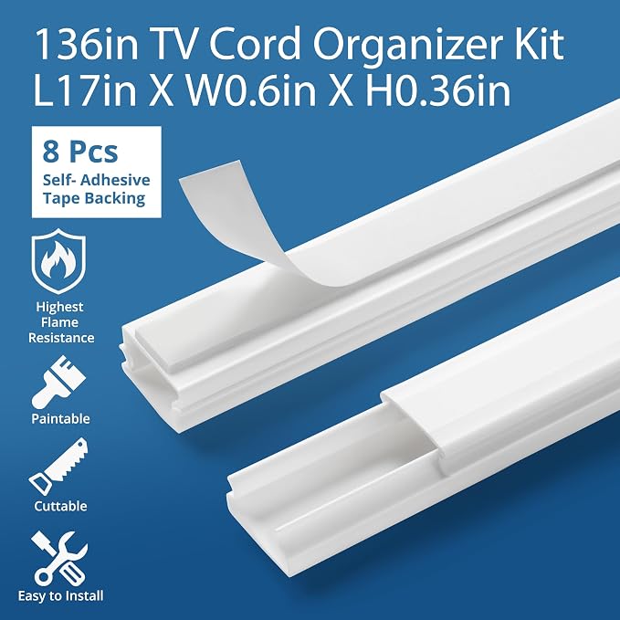 136in Cord Hider for Wall Mount TV, White Wire Covers for 1 Mini Cord | 8 Pack Cable Hider Kit, Paintable Power Wall Cord Cover, Wire Hiders for TV on Wall Cable Raceway - L17in W0.6in H0.36in - Image 3
