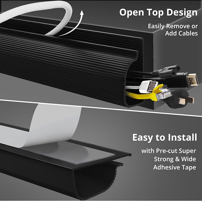 Cable Management Under Desk, 32in (2x15.75in) J Channel, Self Adhesive Cable Raceways Channel, Easy to Install Cord Cover Hider Desk Cord Organizer Electrical Black - Image 5