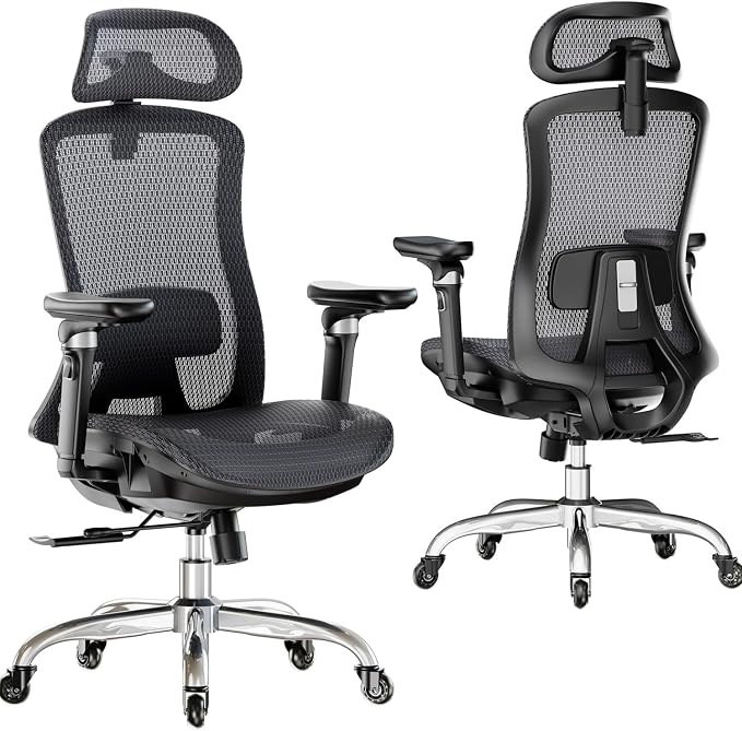 Marsail Big and Tall Mesh Ergonomic Office Chair with 6D Armrests | 6-level lumbar support, sliding seat depth, high-elastic mesh seat, 3D headrest, 4-position recline, adjustable seat height by Marsail
