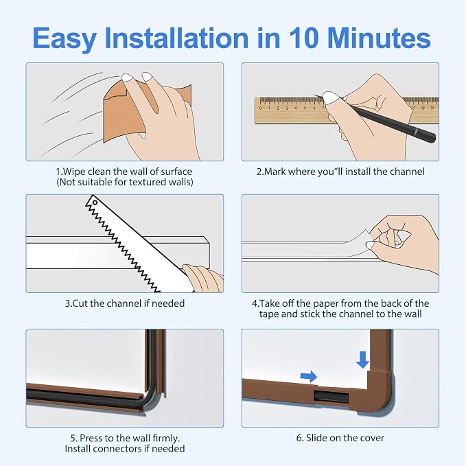 Yecaye Cord Hider, 113in One-Cord Cable Raceways, W0.59in H0.4in, Brown | TV Cord Covers for Wires on Wall, Easy Install Cable Management Kit for 2 Small Wires - Image 7