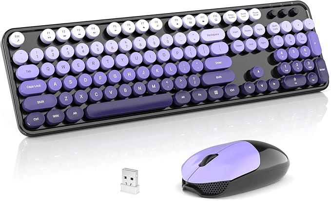 Wireless Keyboard and Mouse Combo, 2.4GHz Retro Full-Size Typewriter Keyboard with Number Pad and Wireless Mouse for PC/Laptop/Desktop/Windows (Black Purple Colorful) by Unknown