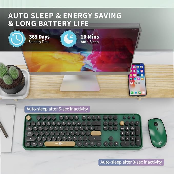 Wireless Keyboard and Mouse | Cute Colorful Keyboard and Mouse with 2.4GHz Cordless Retro Typewriter Keyboard | Auto-Sleep | USB Receiver for Windows PC/Laptop - Green Colorful - Image 5