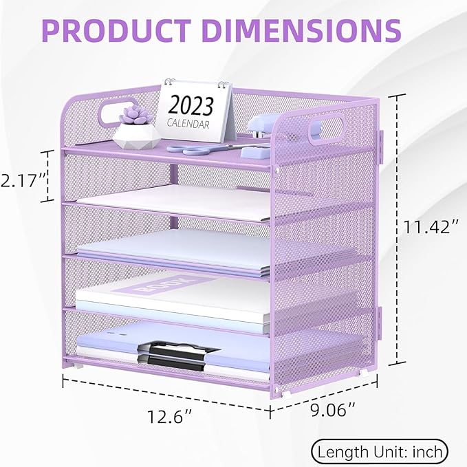 5 Trays Paper Organizer Letter Tray with Handle-Mesh Desk File Holders, Paper Sorter Desk Organizer for Office, Home, Classeoom or School, Purple - Image 5