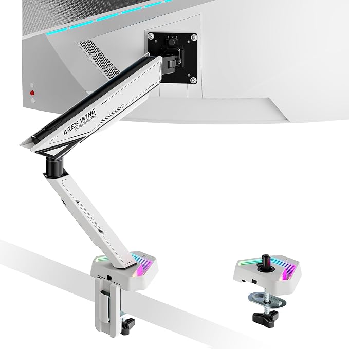 ARES WING RGB Single Monitor Arm Desk Mount for 17-45 inch Monitors, White | Monitor Arm Desk Mount Holds 35.2 lbs Heavy Duty, Adjustable Ultrawide Monitor Arm with Clamp & Grommet Base, 75/100 VESA by ARESWING