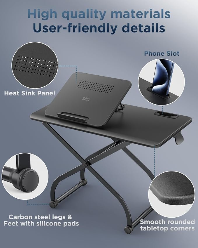 SAIJI Metal Small Laptop Desk Standing Converter Adjustable Desk Riser | 23" Height & Angle Adjustable Laptop Desk for Table, Sit-Stand Workstation, Table Extender for Desk - Image 7