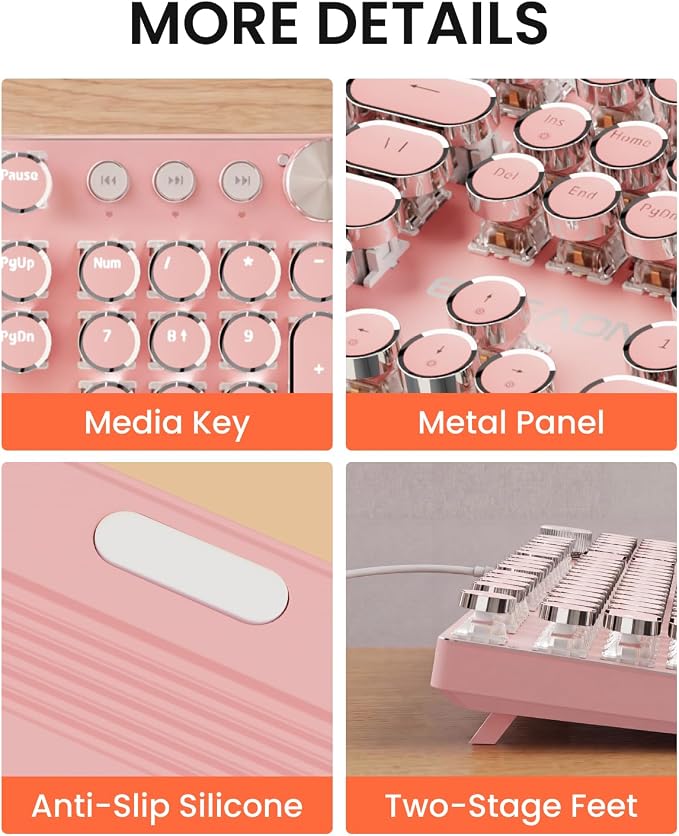 SEUNKWANG Wired Typewriter Keyboard and Mouse Combo, Retro Mechanical Keyboard with Multimedia Knob, White Backlit, Metal Panel, Low Noise Pink Switch Keyboard Mouse Set for PC Laptop - Pink - Image 7