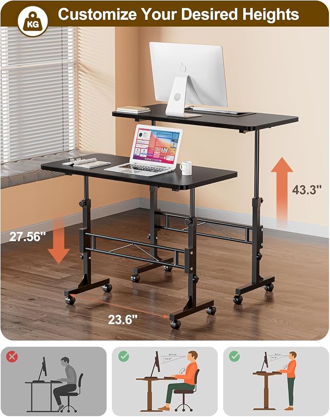 Amztabler Small Standing Desk Adjustable Height, Mobile Stand Up Desk with Wheels, 32 Inch Portable Rolling Desks Conference Room Tablesf for Walking Pad Treadmill Black - Image 2
