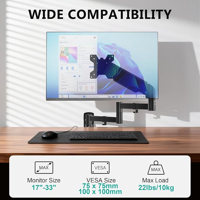 WALI Long Arm Monitor Wall Mount for 17-33 inch Screens, Extra Long Reach Single Wall Mount Monitor Arm, Full Motion Adjustable Vesa Wall Bracket 75x75/100x100mm, up to 22lbs (GSWM001L), Black - Image 3