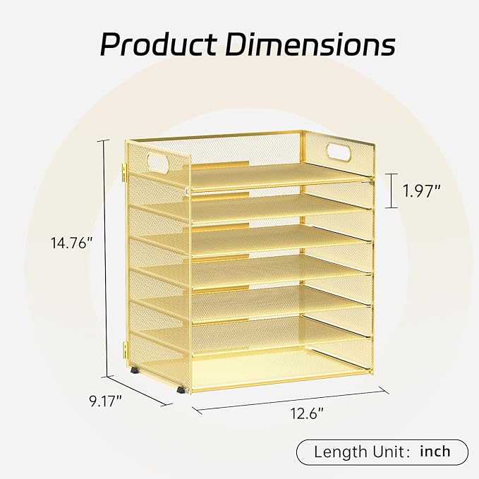 7 Tier Paper Organizer for Desk with Mesh Letter Trays and Handle Gold | Desk File Organizer with Handle for Sorting Papers, Files, Folders, Mail, Bills and Office Supplies - Image 2