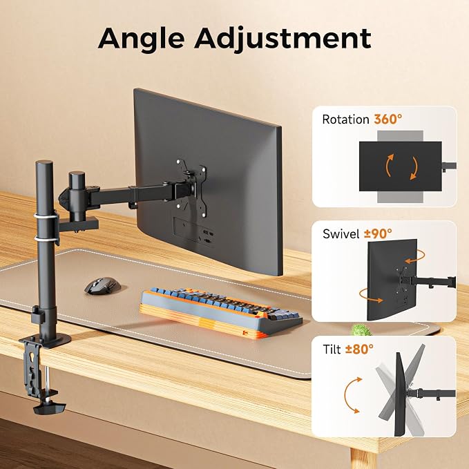 suptek Single Monitor Arm, Universal 1 Tier Arm Fully Adjustable Pole Mount Bracket Monitor Mounting for 13 to 32 inch Screen, Weight up to 22lbs, Mounting Holes 75x75mm to 100x100mm,Black - Image 3