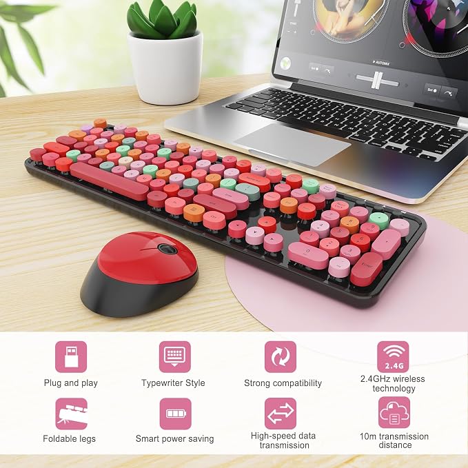 Wireless Keyboard and Mouse Combo, Ergonomic Full Size Typewriter Retro Round Keycaps Keyboard, Compatible with Windows, PC, Perfer for Home and Office Keyboards (Red - Image 3
