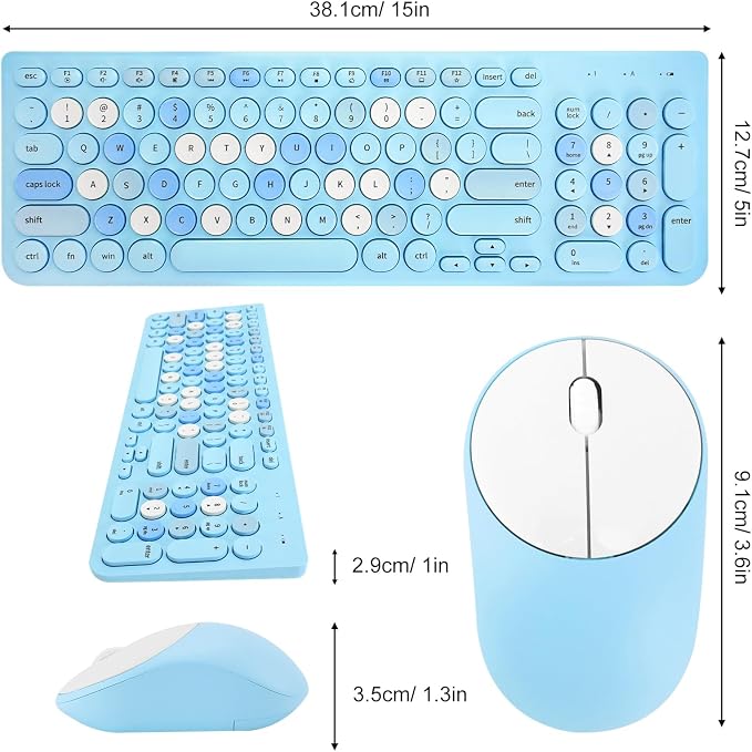 Wireless Keyboard and Mouse Combo, Retro Typewriter Keyboard with Round Keycaps, 2.4GHz USB Cute Wireless Keyboard Mouse for Computer, Desktop, Laptop (Blue Colorful) - Image 6