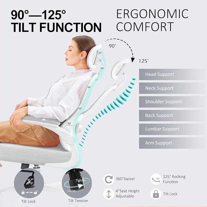 Ergonomic Office Chair,Ultra Thick Spring Cushion Desk Chair,Grey | Adjustable Lumbar Support and Headrest,Flip-up Arms,Rocking Function,Mesh Home Office Computer Chair - Image 6