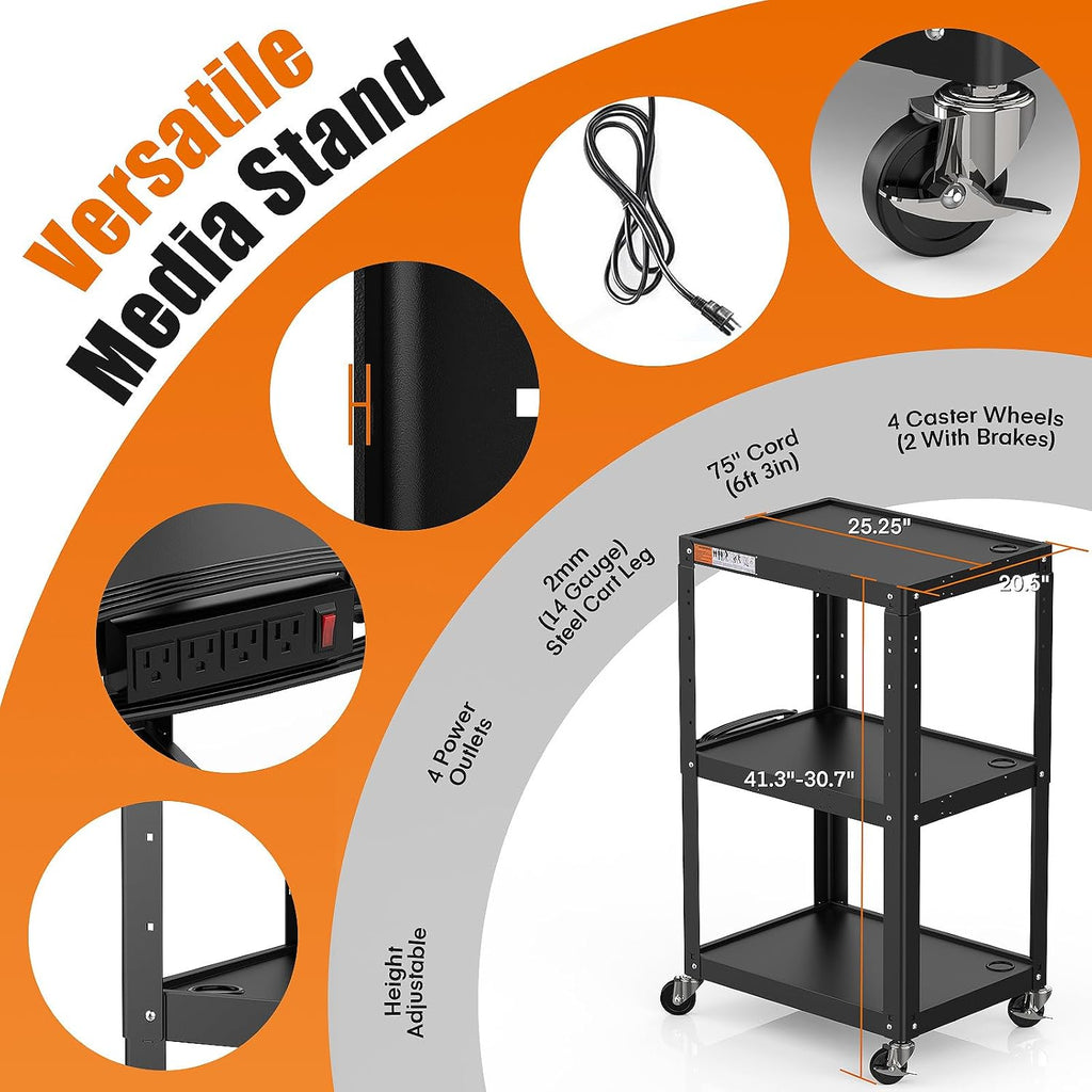 3 Shelf Metal Utility Cart - Durable Computer Cart on Wheels with Power Strip,Height Adjustable AV Presentation Cart Stand for Movie Projector,TV and Laptop Computers,Easy to Assemble, Black - Image 8
