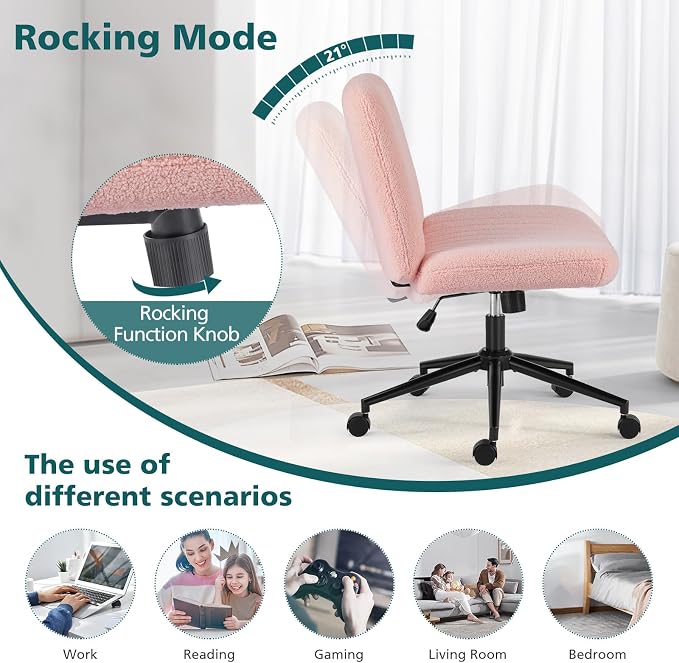 OLIXIS Criss Cross Chair with Wheels, Vanity Chair, Home Office Desk | Furry Teddy Fleece, Wide Seat Armless, Height Adjustable Swivel, Home Computer Task, Bedroom, Study, Pink Teddy - Image 5
