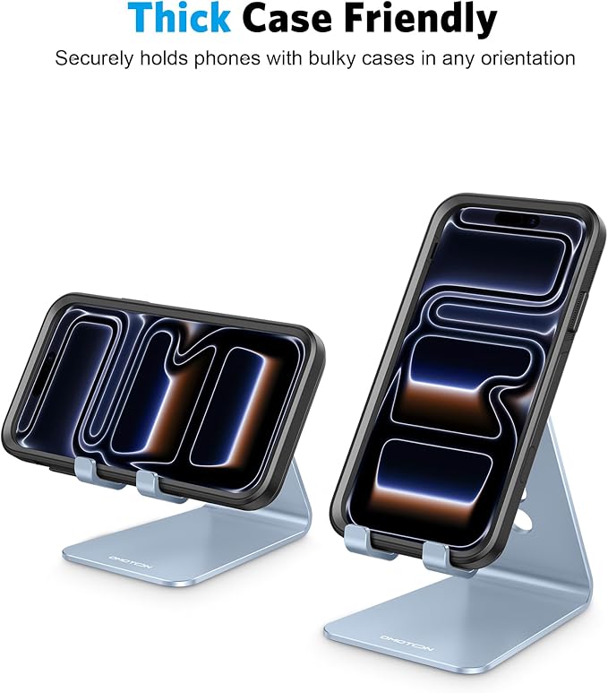 OMOTON Adjustable Cell Phone Stand, Aluminum Desktop Cellphone Stand with Anti-Slip Base and Convenient Charging Port, Fits All Smart Phones, Light Blue - Image 8